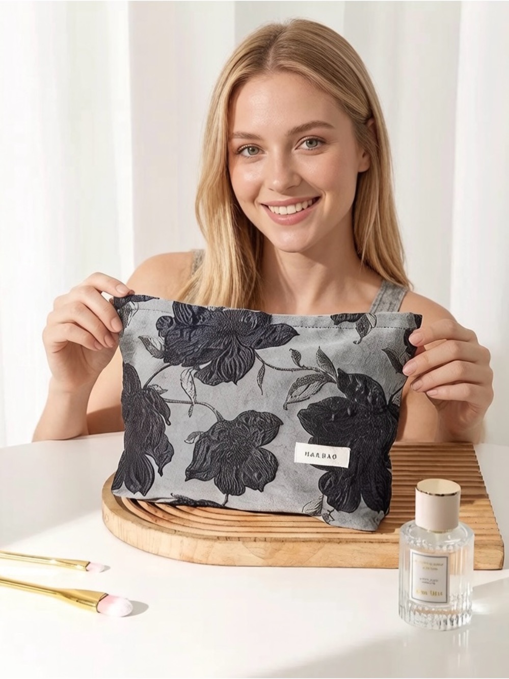 Floral Canvas Cosmetic Pouch in Gray and Black